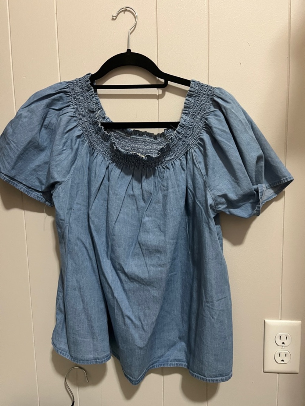 Smocked Square-Neck Chambray Peasant Blouse - Light Blue